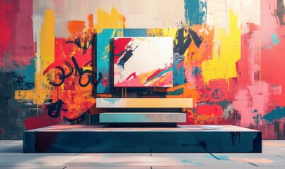 Modern Art Display with Colorful Abstract Background and Easel