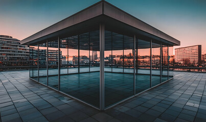 Fototapeta premium Modern glass structure reflects city's buildings at sunset. Tiled ground leads to the structure