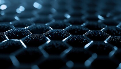 Dark hexagons tile pattern with subtle light reflects and shadows, macro view