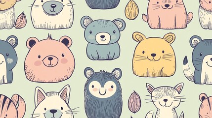 Obraz premium Digital illustration of cute animal charactersâ€”bears, cats, hedgehogs, and miceâ€”in a playful, whimsical pattern.