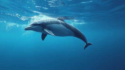 Fototapeta premium Eleganter Delfin schwimmt anmutig durch klares, blaues Meerwasser – Natur, Freiheit und Meereswelt in Perfektion eingefangen.