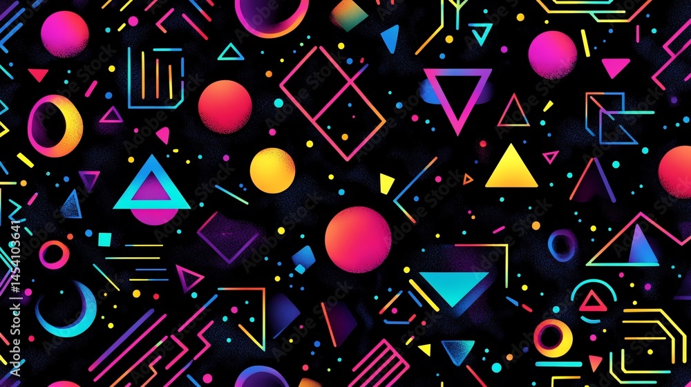 Poster digital illustration of a geometric pattern with vibrant circles and triangles on a black background