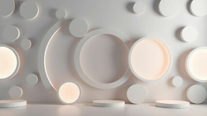 Moderner Raum in Graut&ouml;nen mit geometrischen Podesten und Kreisformen &ndash; minimalistisches Design mit Fokus auf Formen und Schatten.