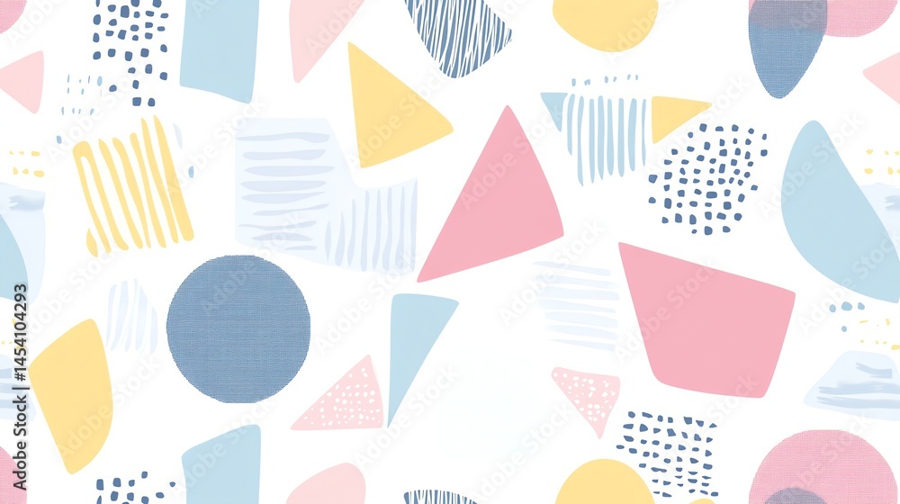 Poster digital illustration of colorful geometric shapes arranged in a playful, abstract pattern.