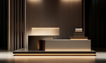 Obraz premium Sleek Modern Reception Desk in Elegant Interior with Soft Lighting