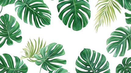Digital illustration of tropical leavesâ€”monstera and palmâ€”arranged on a white background.
