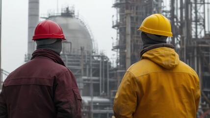 Workers observe construction at an industrial site during overcast weather in early morning hours
