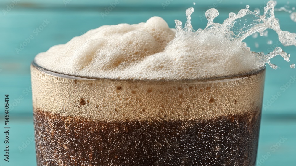 Poster close-up of a refreshing beverage with overflowing foam and splashing effect