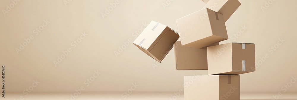 Poster minimalist composition featuring levitating cardboard boxes of various sizes, precariously balanced 