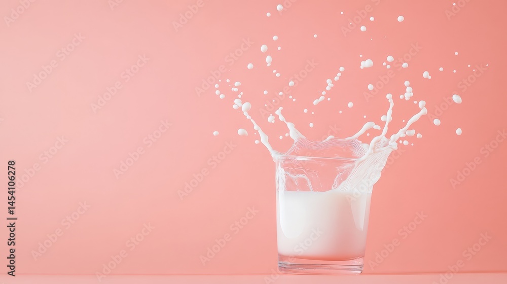 Poster milk is splashing out of a clear glass creating a dynamic crown shape against a vibrant pink backdro