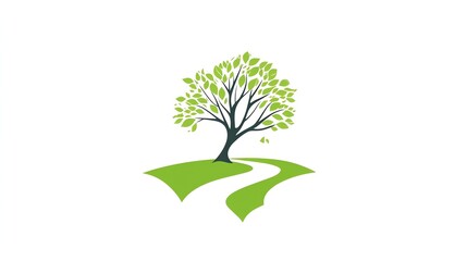 Digital illustration of a tree with leaves on a curved path on a green hill.