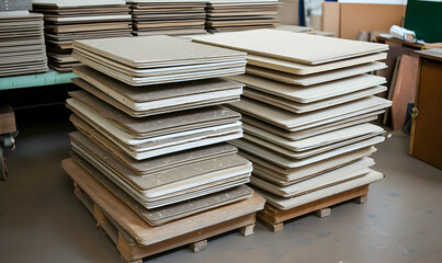 Obraz premium Stacks of square boards. Boards piled high on pallets, possibly for manufacturing. Textural, neutral tones