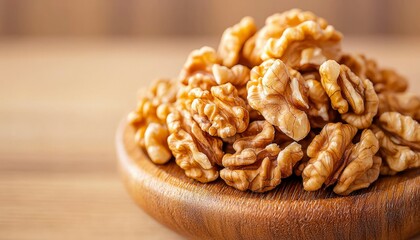 Obraz premium Heap of walnut halves on wooden surface. Close-up, detailed texture of the kernels