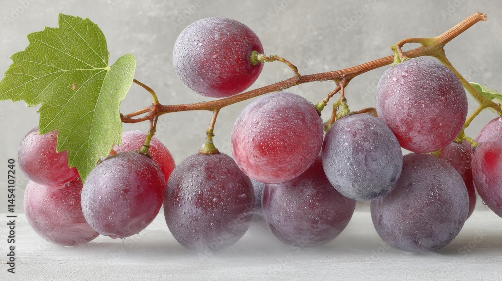 Poster close-up of fresh red grapes with water droplets on a branch against a light backdrop