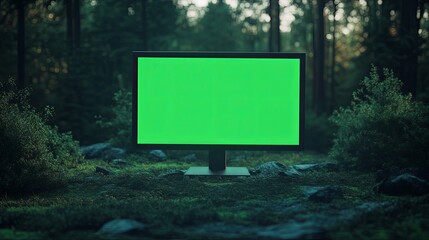 Fototapeta premium Green Screen Computer Mockup in Forest - Technology Concept