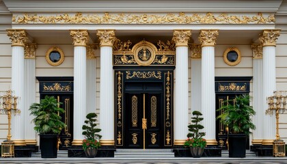 Obraz premium Ornate building entrance with gilded accents, symmetrical design, and potted plants