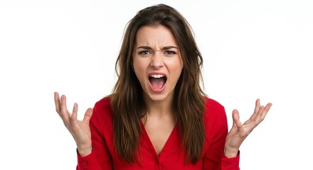 Angry woman yells with frustration, expressing intense negative emotion with flailing arms and scowling face against a white backdrop.
