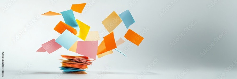 Poster Colorful sticky notes are levitating and flying around a stack of sticky notes on a white background, creating a dynamic and playful visual representation of ideas, creativity, and organization