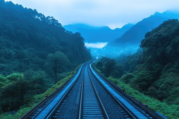 Train tracks stretching through a misty, lush valley surrounded by tall, green forested mountains