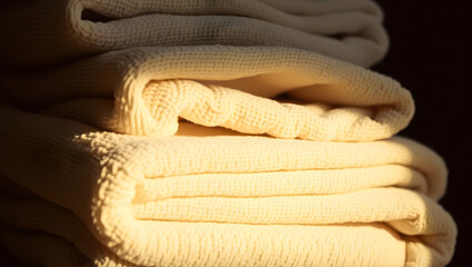 Stack of Soft, Cream-Colored Towels in Warm Sunlight