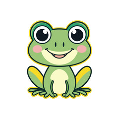 A cheerful, bright green cartoon frog with large, round eyes and rosy cheeks is smiling. It has darker green markings on its back and yellow accents on its legs.