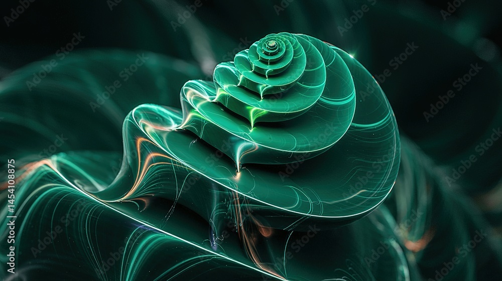 Poster emerald fractal: a spiraling cascade of light and shadow in abst