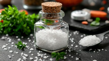 Salt crystals inside a small glass jar with herbs and spices on a dark textured surface