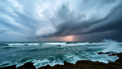 Dramatic Wide Angle View of Ocean Thunderstorm
