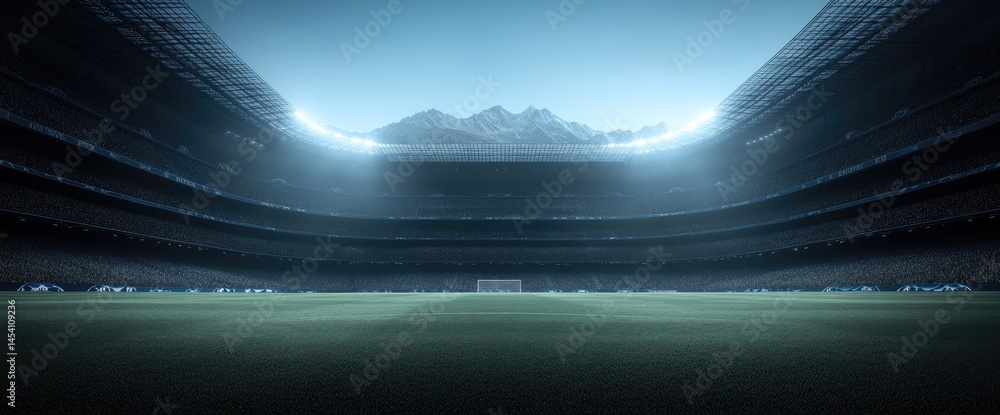 Poster empty stadium with mountain backdrop under a bright sky and field ready for a game