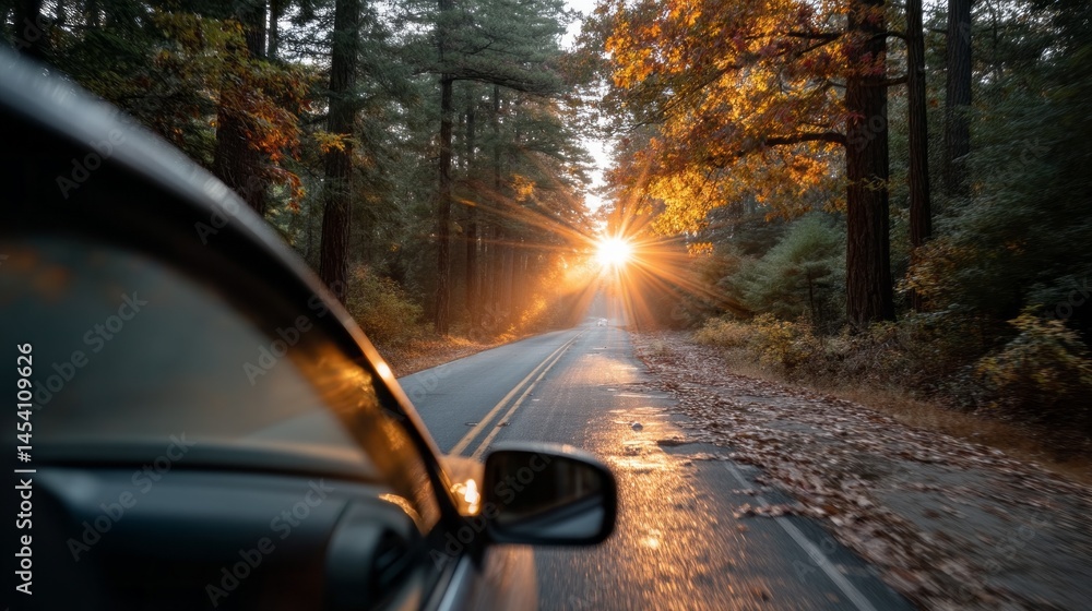 Aufkleber This moment showcases the warmth of the setting sun filtering through trees, creating a serene atmosphere during a fall road trip. Leaves litter the quiet road, enhancing the peaceful vibe