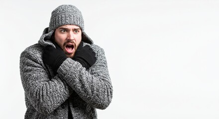 Freezing man in a gray knitted hat and hooded coat. He has black gloves and a frightened expression, hugging himself from the cold on white background
