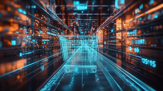 Digital supermarket shopping cart technology online retail store cyber future innovation concept