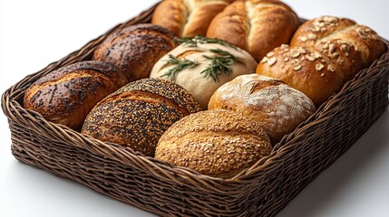 Variety of Fresh Bread Loaves in Basket Isolated on White