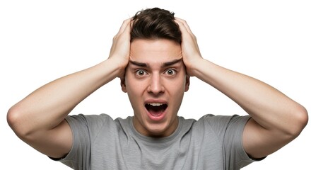 Expression of extreme shock and surprise with hands on head, mouth open, eyes wide. Demonstrates intense emotion on a plain background.
