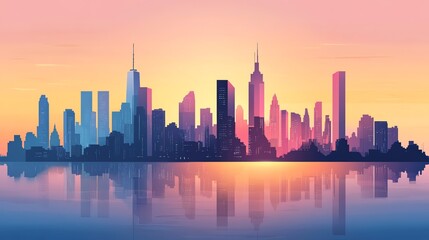 Fototapeta premium Digital illustration depicts a city skyline reflected in water during sunset, featuring stylized buildings and a...