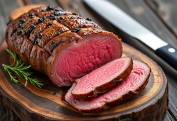 Sumptuous American beef tenderloin, sliced on rustic wood, revealing succulent pink interior,   appetizer,  wooden board
