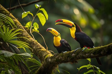 Fototapeta premium Toucan sitting on the branch in the forest, green vegetation, Costa Rica. Nature travel in central America. Two Keel-billed Toucan, Ramphastos sulfuratus, pair of bird with big bill.