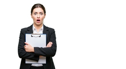 A young professional woman in a business suit looks shocked while holding a blank clipboard against a stark white background, creating contrast.