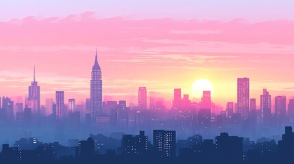Digital illustration of a cityscape at sunset with towering buildings and a radiant sun.