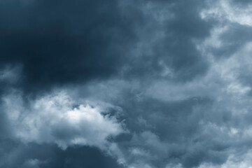 Stormy dark cloudy sky. Pollution, PM 2.5, Carbon dioxide and environment problems concept. Halloween, scary scene thunderstorm and rainy season backdrop.