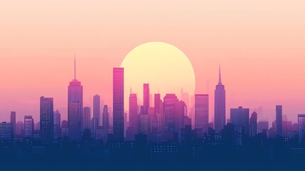 Fototapeta premium Digital illustration of a silhouetted cityscape under a bright sun.