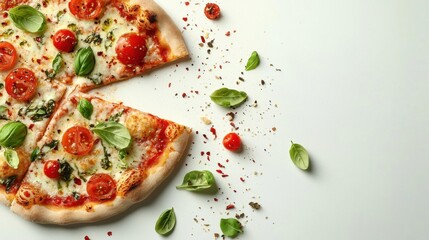 Flat lay of a pizza on a white background. the pizza has a golden brown crust and is topped with melted cheese, fresh basil leaves, and cherry tomatoes.