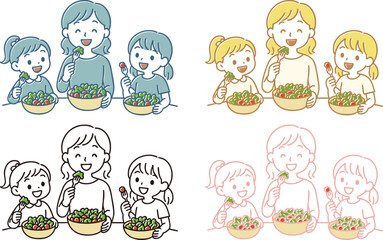 サラダを食べるファミリー