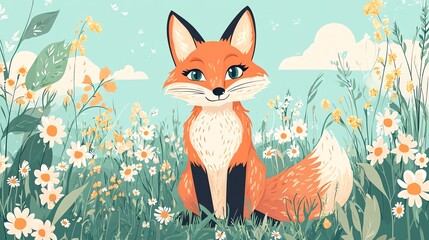 Fototapeta premium Digital illustration of a cute fox amidst a field of white and yellow daisies under a blue sky.
