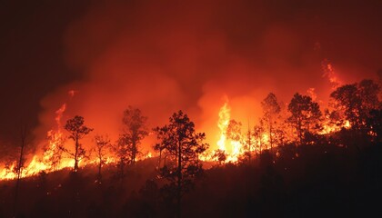 Fierce flames engulf a forest hillside, smoke billowing creating an intense, ominous scene