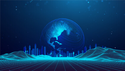 Background World Tech Network Globe Map Global Abstract Connect Future. Vector earth design highlights digital data flow. Futuristic AI hologram energy innovation.