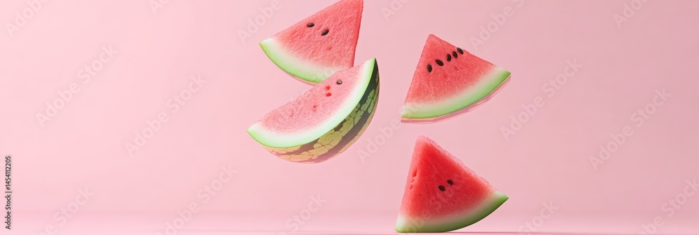 Poster fresh watermelon slices are levitating on a vibrant pink background, creating a visually appealing s