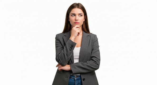 Pensive young woman in a gray blazer, lost in thought against a bright white background. Making decisions and pondering opportunities.