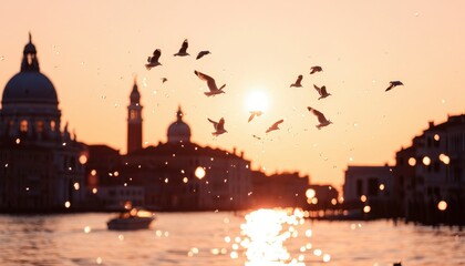 Obraz premium Golden hour bathes city scape with birds in flight over gentle waterway, boat sails