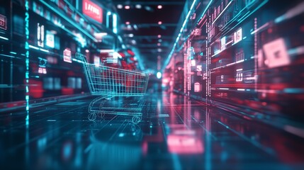 Virtual shopping cart online grocery store futuristic neon aisle technology retail metaverse concept